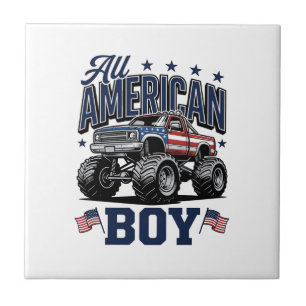 American Boy Monster Truck Vintage Patriotic Shirt Ceramic Tile