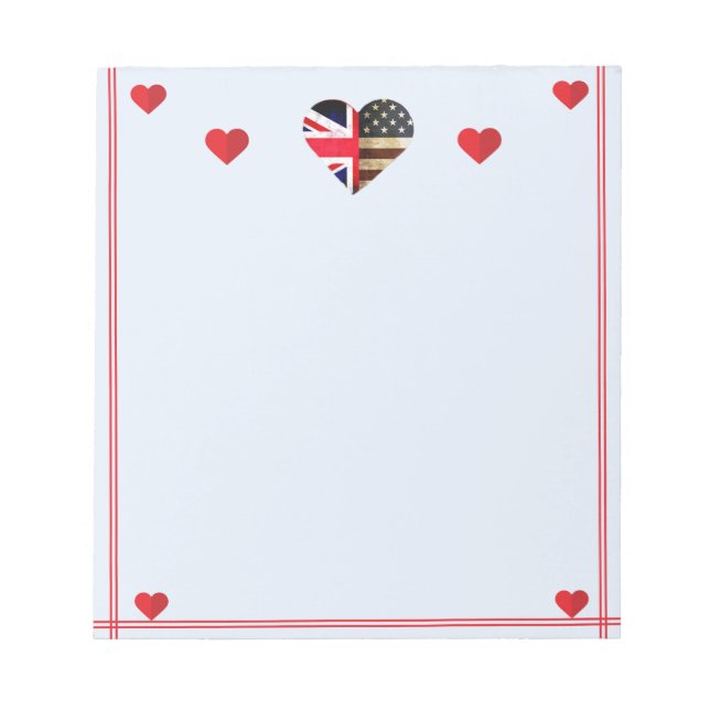 American British Flag Hearts Romantic Notepad (Front)