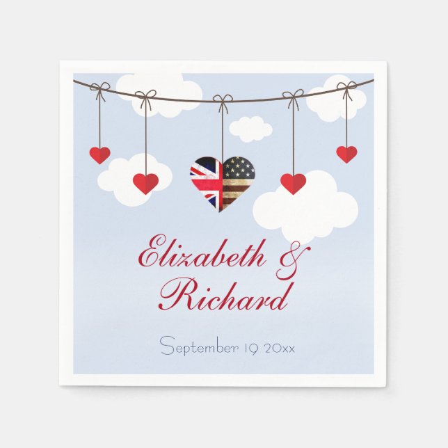 American British flag Hearts  Wedding Party Napkin (Front)