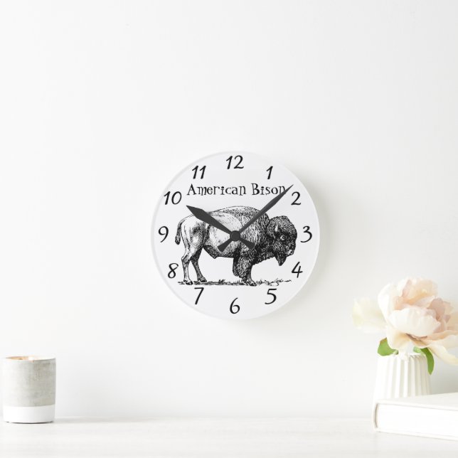 American Buffalo Bison  wood frame Round Clock (Home)
