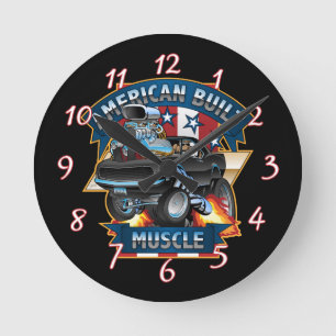 American Built Muscle - Classic Muscle Car Cartoon Round Clock