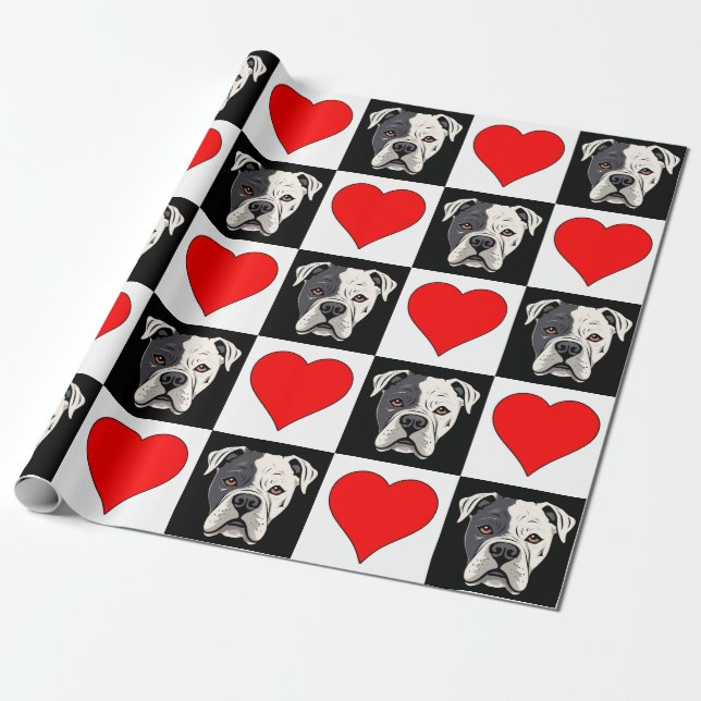 American Bulldog and Heart Pattern Dog Lover Gift Wrapping Paper (Unrolled)