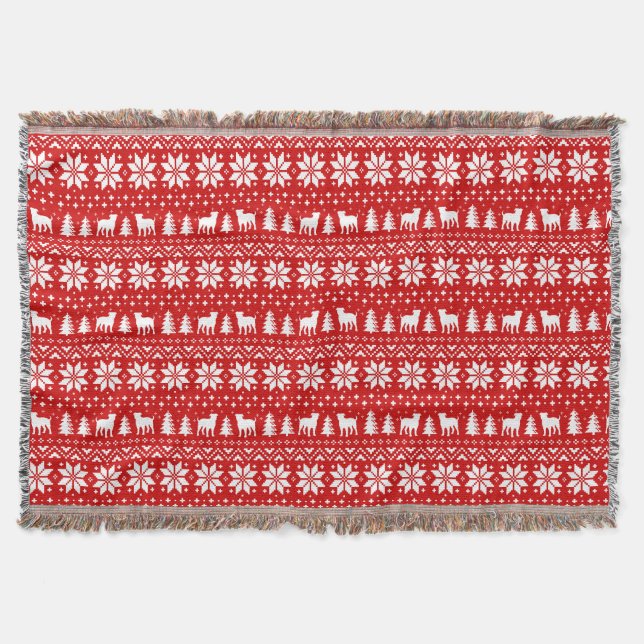 American Bulldog Silhouettes Christmas Pattern Red Throw Blanket (Front)