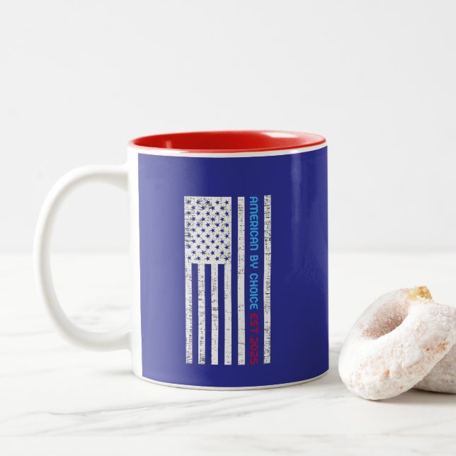 American By Choice Est.2025 Two-Tone Coffee Mug (With Donut)
