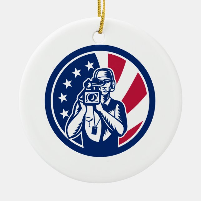 American Cameraman USA Flag Icon Ceramic Ornament (Front)