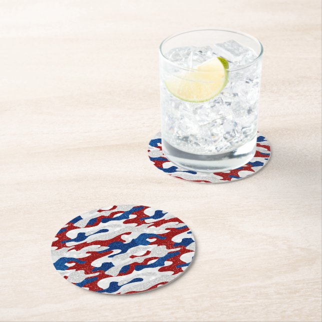 American Camo July 4th Glitter Round Paper Coaster (Insitu)