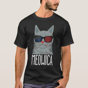 American Cat Saying Meowica With Usa Flag Glasses T-Shirt