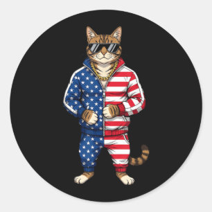 American Cat USA Flag 4th of July Patriotic Red Classic Round Sticker
