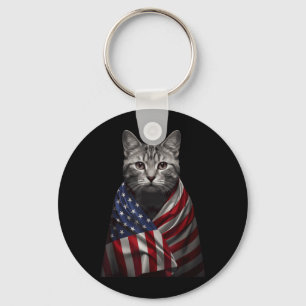 American Cat USA Flag 4th of July Patriotic Red Key Ring