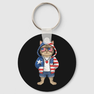 American Cat USA Flag Red White Blue Patriotic 4th Key Ring