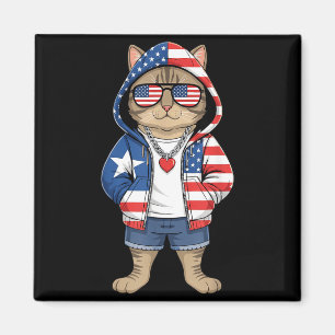 American Cat USA Flag Red White Blue Patriotic 4th Magnet