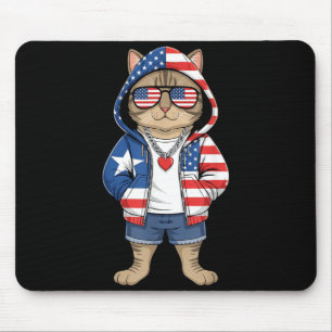 American Cat USA Flag Red White Blue Patriotic 4th Mouse Pad