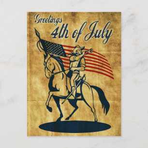 American cavalry soldier riding horse flag vintage postcard