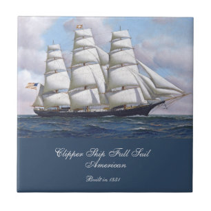 American Clipper Ship Full Sail Under Clouds Ceramic Tile
