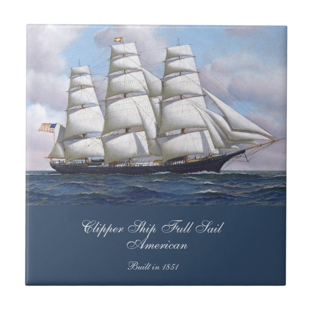 American Clipper Ship Full Sail Under Clouds Ceramic Tile (Front)