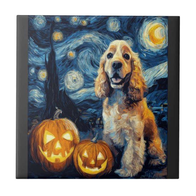 American Cocker Spaniel Cute Dog Halloween Jack O  Ceramic Tile (Front)