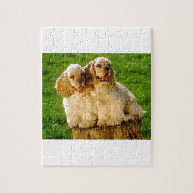 American Cocker Spaniel Puppies On A Stump Jigsaw Puzzle (Vertical)