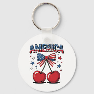 American Coquette Bow Cherry Aesthetic USA Flag  Key Ring