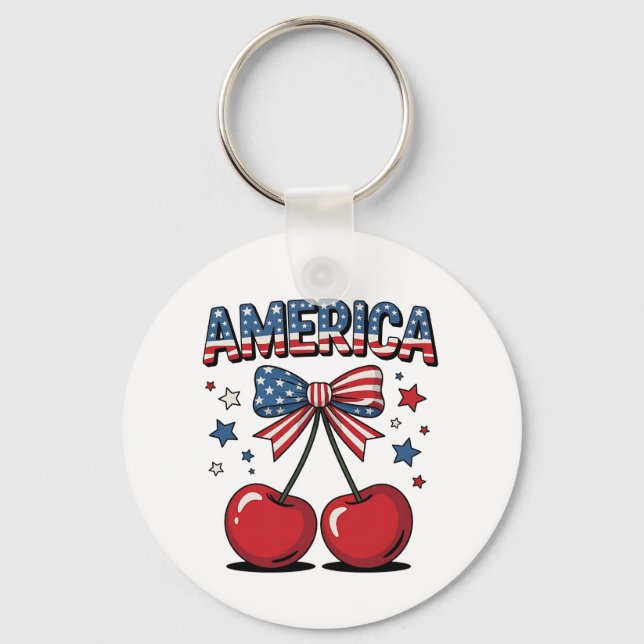 American Coquette Bow Cherry Aesthetic USA Flag  Key Ring (Front)