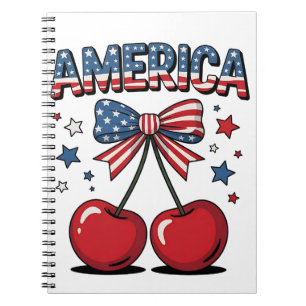 American Coquette Bow Cherry Aesthetic USA Flag Notebook
