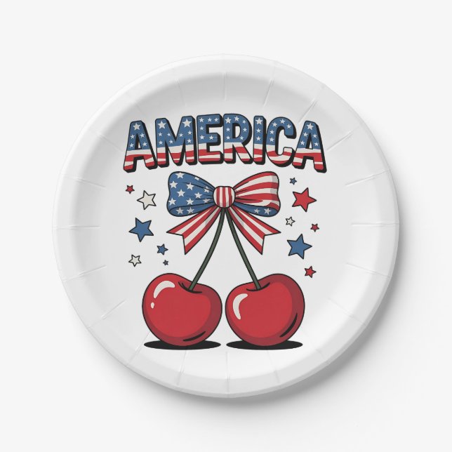 American Coquette Bow Cherry Aesthetic USA Flag  Paper Plate (Front)