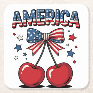 American Coquette Bow Cherry Aesthetic USA Flag Square Paper Coaster