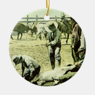 American cowboys branding a calf, c.1900 (photo) ceramic tree decoration