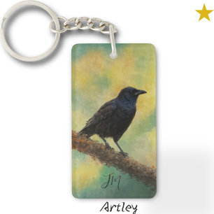 American Crow Bird Painting Custom Name Birder Key Ring