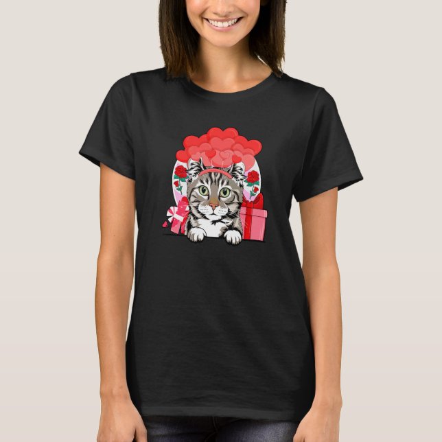 American Curl Cat Valentines Day Hearts Balloons F T-Shirt (Front)