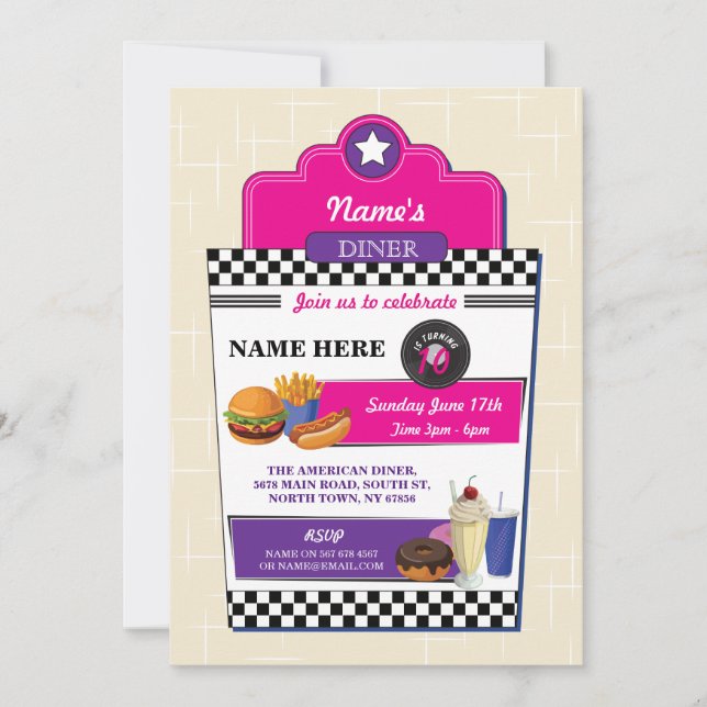 American Diner Birthday Party Burger Girls Invite (Front)