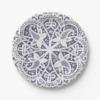 American Doily & Lace, 8, Cream on Blue Paper Plate