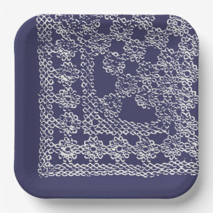 American Doily & Lace, Square Edge1, Cream on Blue Paper Plate