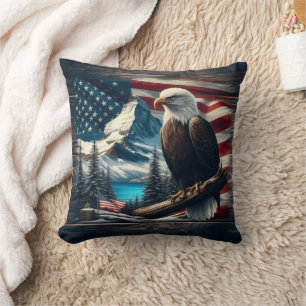 American Eagle Against Mountain Landscape Cushion