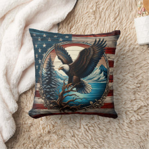 American Eagle Against Scenic Forest Background Cushion