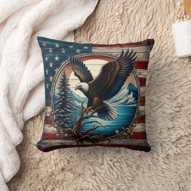 American Eagle Against Scenic Forest Background Cushion (Blanket)