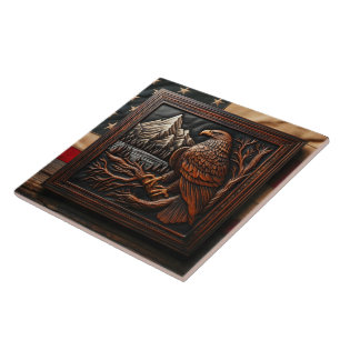 American Eagle Carving With Mountain Background Ceramic Tile