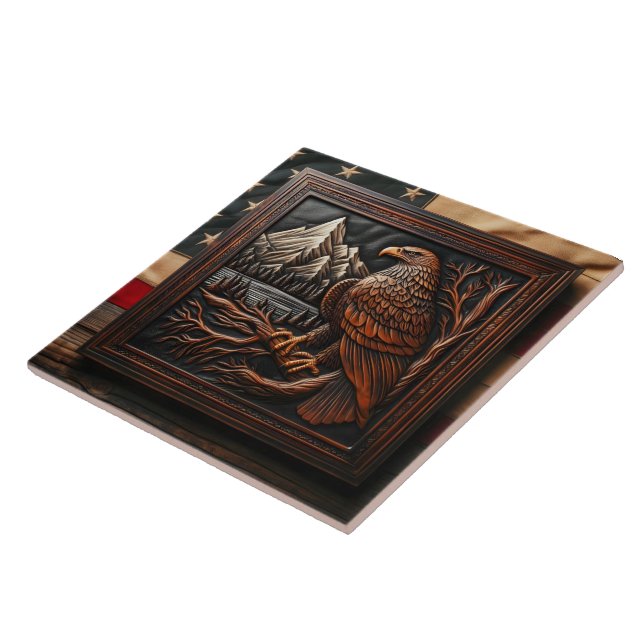 American Eagle Carving With Mountain Background Ceramic Tile (Side)