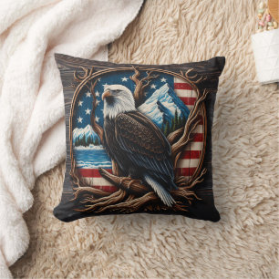 American Eagle Perched Against Scenic Background Cushion