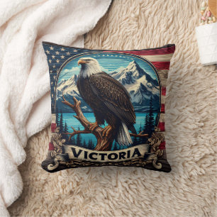 American Eagle Perched by Mountains in Victoria Cushion