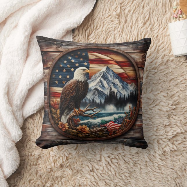 American Eagle Perched Near Mountainous Landscape Cushion (Blanket)