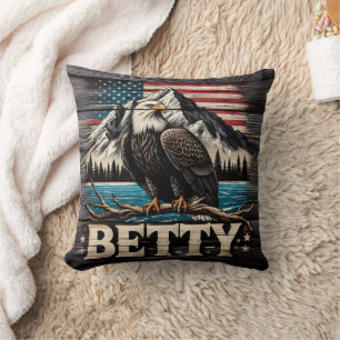 American Eagle Perched Near Mountains and Lake Cushion