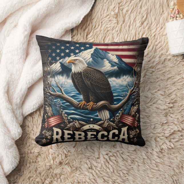 American Eagle Perched With Mountain Background Cushion (Blanket)