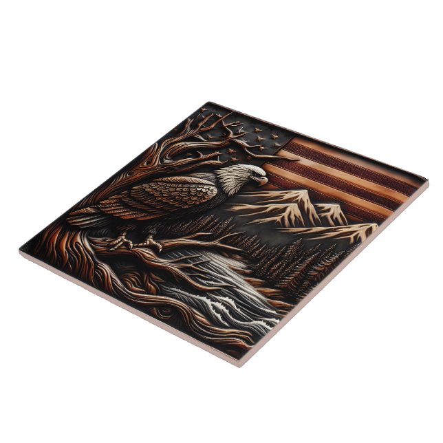 American Eagle Sculpture With Mountains and Flag Ceramic Tile (Side)