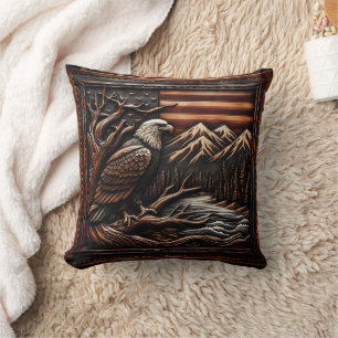 American Eagle Sculpture With Mountains and Flag Cushion