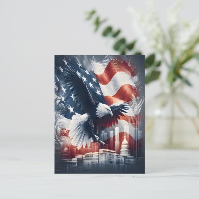 American Eagle Soaring Over Cityscape Postcard (Standing Front)