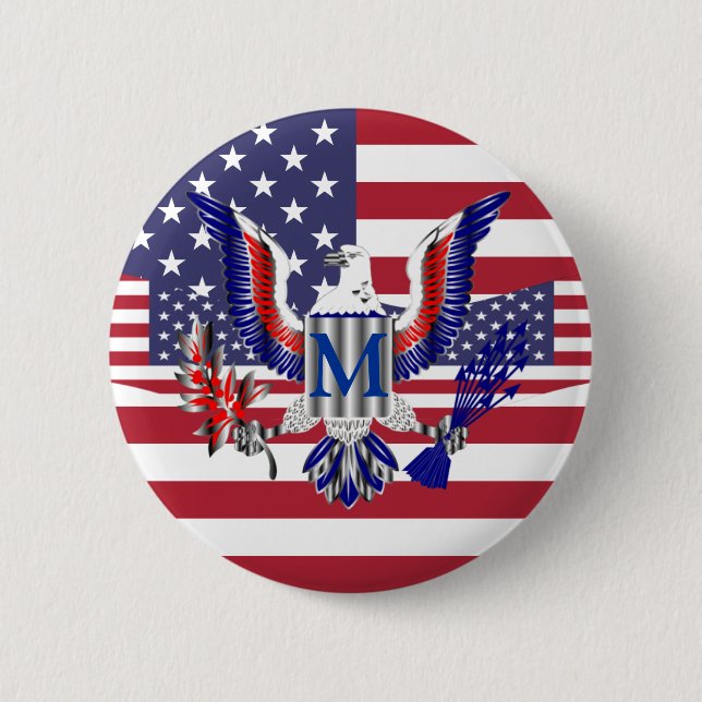 American eagle symbol and flag 6 cm round badge (Front)
