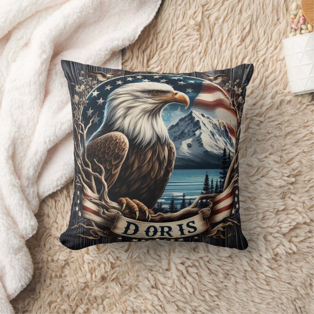 American Eagle With Mountains and Flag Background Cushion (Blanket)