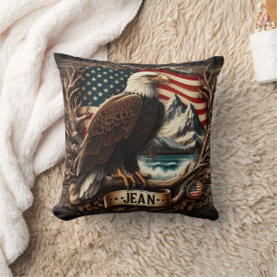 American Eagle With Mountains and Flag Background Cushion