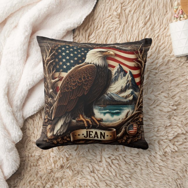 American Eagle With Mountains and Flag Background Cushion (Blanket)