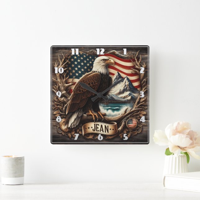 American Eagle With Mountains and Flag Background Square Wall Clock (Home)